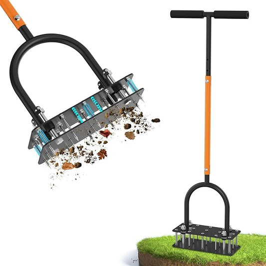 GAINO Lawn Aerator & Aerator Lawn Tool - Manual Yard Aerator for Lawn with 15 Spikes, Automatic Dirt and Leaf Clean Design, Adjustable T-Handle, Pre-Assembled Lawn Aerator Tools (Black + Orange)