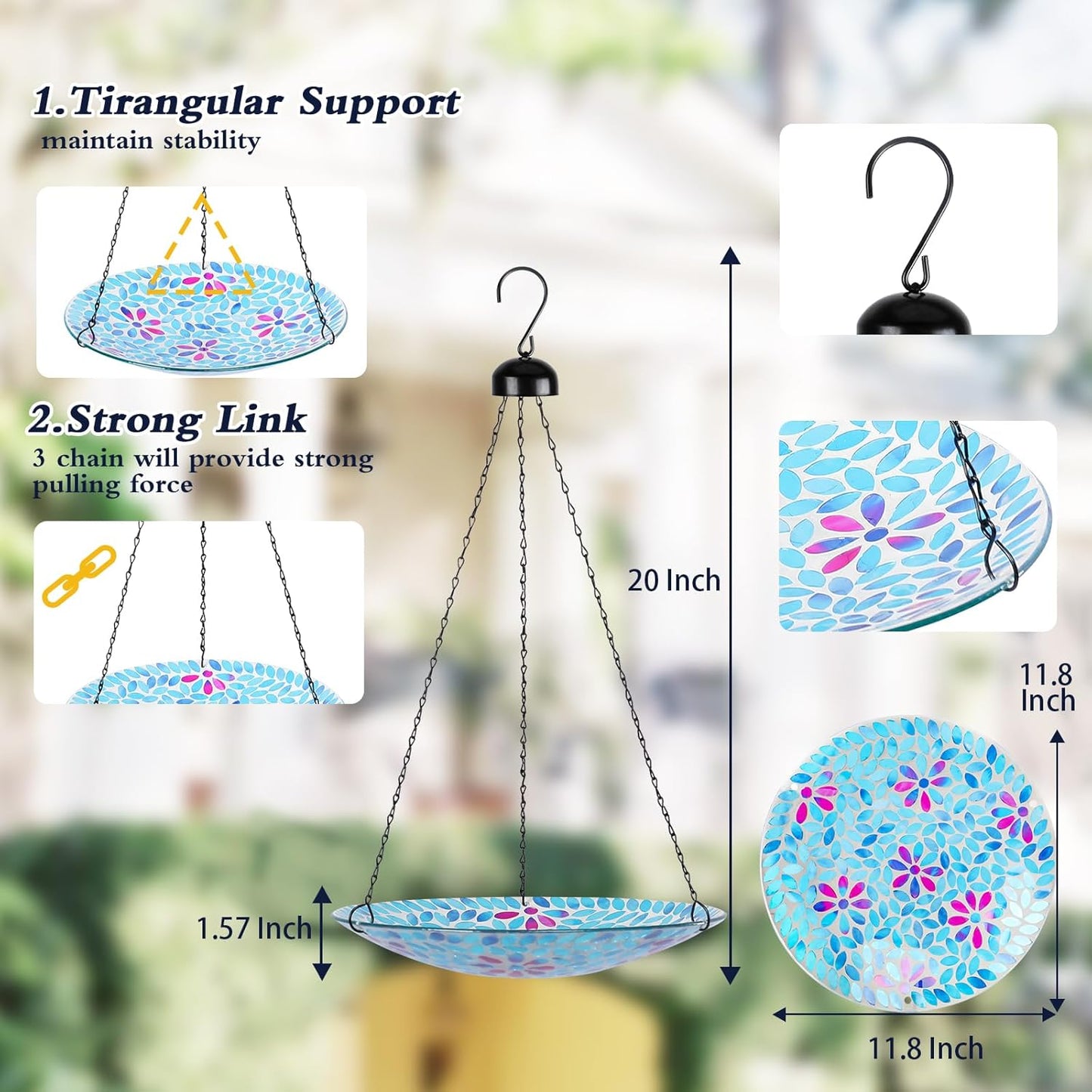 MUMTOP Mosaic Hanging Bird Bath-Bird Baths for Outdoors - 12 Inch Glass Bird Water Bowl Bird Feeders for Outside, Garden, Lawn Yard Decor（Blue）