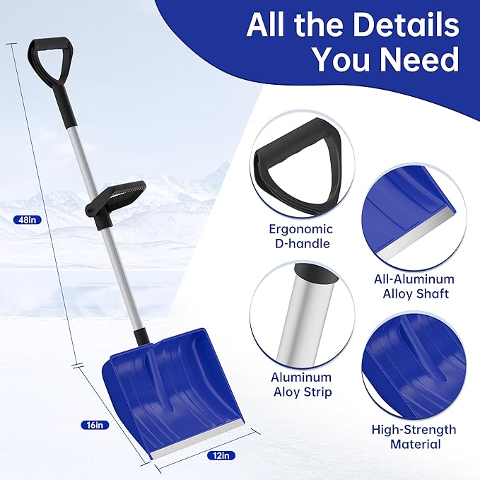 Snow Shovel for Driveway: 48" Ergonomic Dual D-Handles for Less Back Strain - Aluminum Wear Strip Cleaning Shovel - Lightweight & Portable Snow Removal Tool for Car Camping Outdoor (Blue)