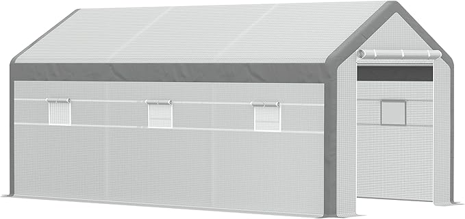 Outsunny 20' x 10' x 9' Walk-in Greenhouse, Outdoor Garden Warm Hot House with 6 Roll-up Windows, 2 Zippered Doors and Weather Cover, White