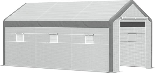 Outsunny 20' x 10' x 9' Walk-in Greenhouse, Outdoor Garden Warm Hot House with 6 Roll-up Windows, 2 Zippered Doors and Weather Cover, White