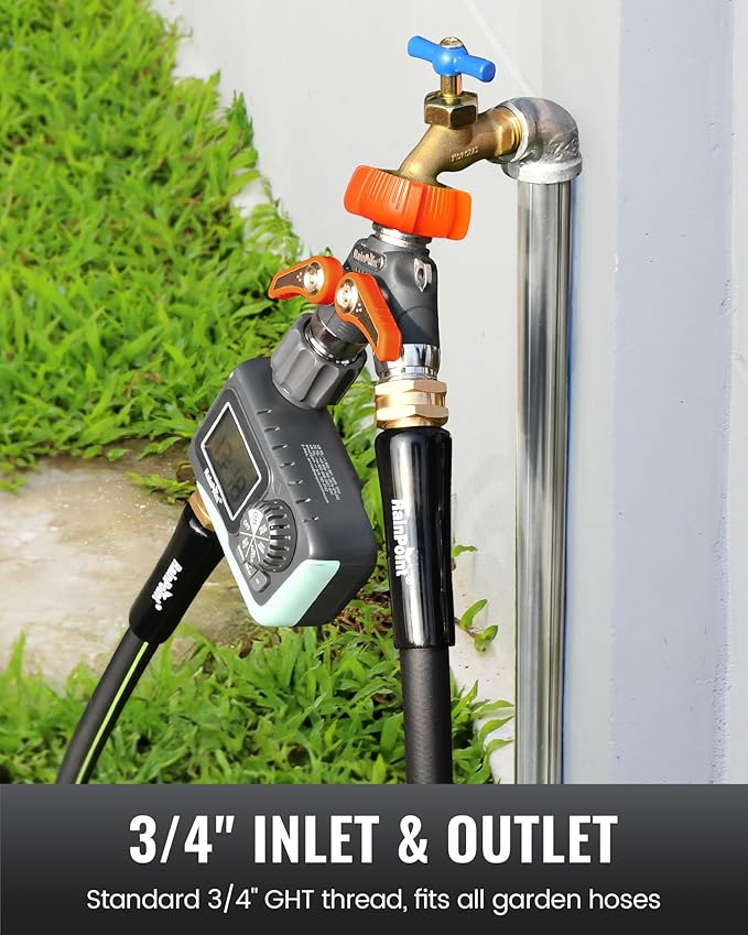 RAINPOINT Garden Hose Splitter, 2 Way Heavy Duty Water Hose Y Spigot Splitter with Shutoff Valves, 100% Metal Body Outdoor Faucet Splitter, 1.9" Extra Long Metal Handle, 3/4" GHT Thread (2, Orange)