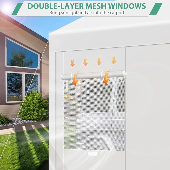 COBIZI Carport 10x20ft Heavy Duty Portable Garage, 2.0 Powder Coated Frame(Better Than Galvanized), Waterproof Shelter with Removable Sidewalls & Windows, Built-in Sandbags, for Car/Boat/SUV, White