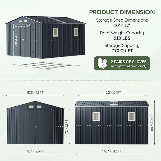 10x12 FT Outdoor Metal Storage Shed with Floor Frame, Double Swing Doors, 2 Clear Windows, Replaceable Skylight Roof Panel, Tool Shed for Garden, Patio, Backyard