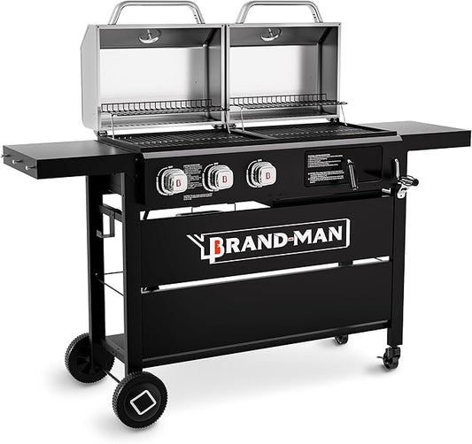 Brand-Man Propane Gas and Charcoal Grill Combo, Dual Fuel BBQ Combo Grill with Stainless Steel Dual Lids & 2 Side Shelves for Outdoor Kitchen & Backyard Barbecue Cooking