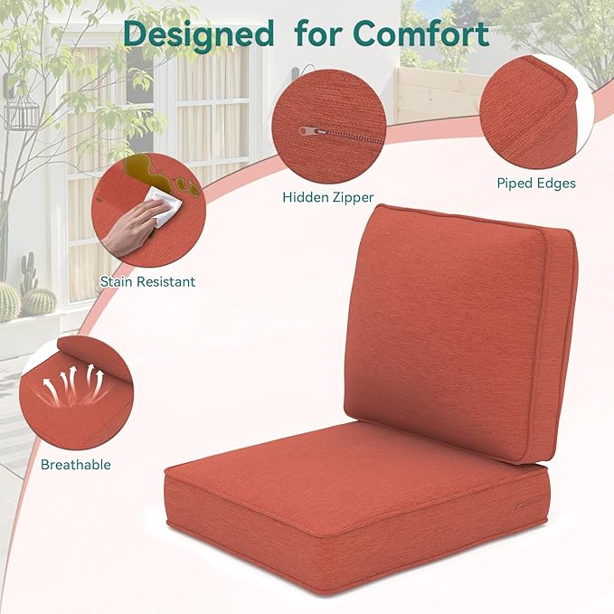 Outdoor Chair Cushions 23" x 24" x 4", Patio Deep Seat Replacement Cushions Set with Zippered Removable Cover, Weather-Resistant Olefin Fabric for Garden Chair Sofa Couch, Set of 4, Red