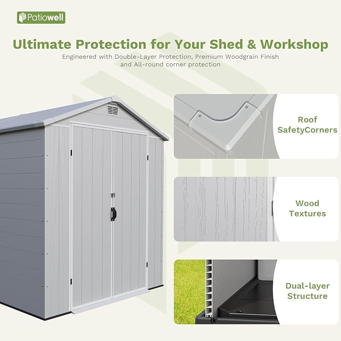 Patiowell 6 x 10 FT Plastic Outdoor Storage Shed with Floor, Resin Outside Tool Shed with Two Windows and Lockable Door for Garden, Backyard, Tool Storage Use, Easy to Install, Light Grey