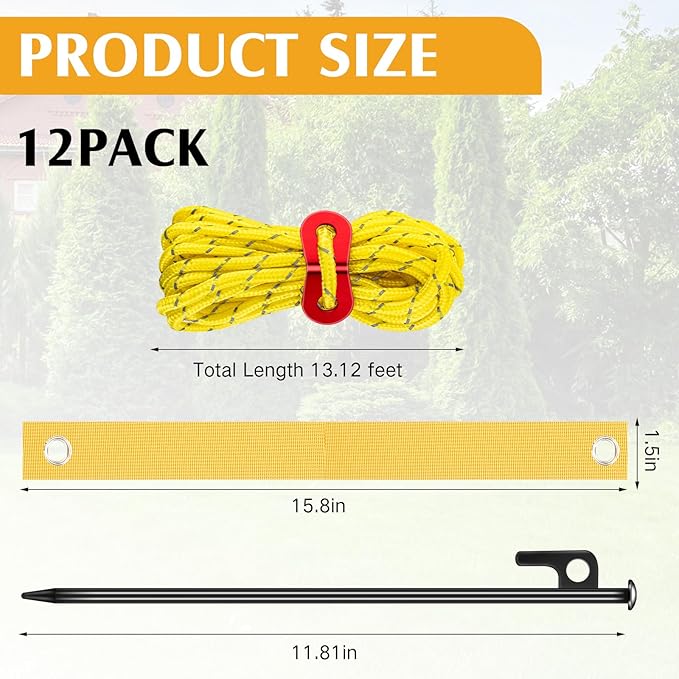 Sintuff 36 Pcs Heavy Duty Tree Stake Kits Stake and Support for Young Leaning Tree Anchor Straightening Kit, 15.8'' Support Straps, 11.8'' Steel Stakes, 13.12ft Rope(Yellow)