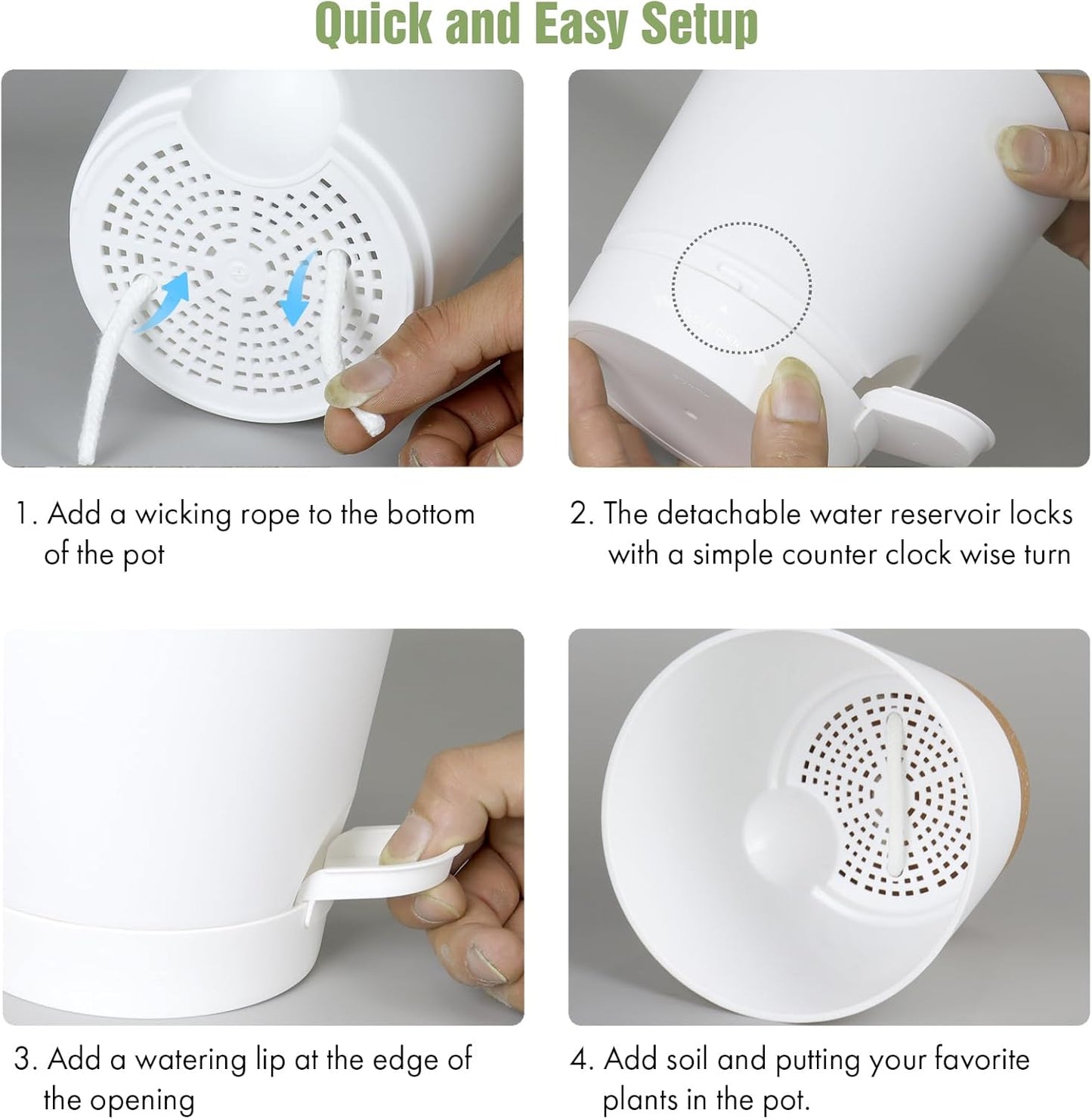 4 inch Self Watering Pots for Indoor Outdoor Plants, 6 Pack Plastic Flower Planters with Drainage Holes and Removable Saucers, Plant Pots with Wicking Rope, Modern Decor, White