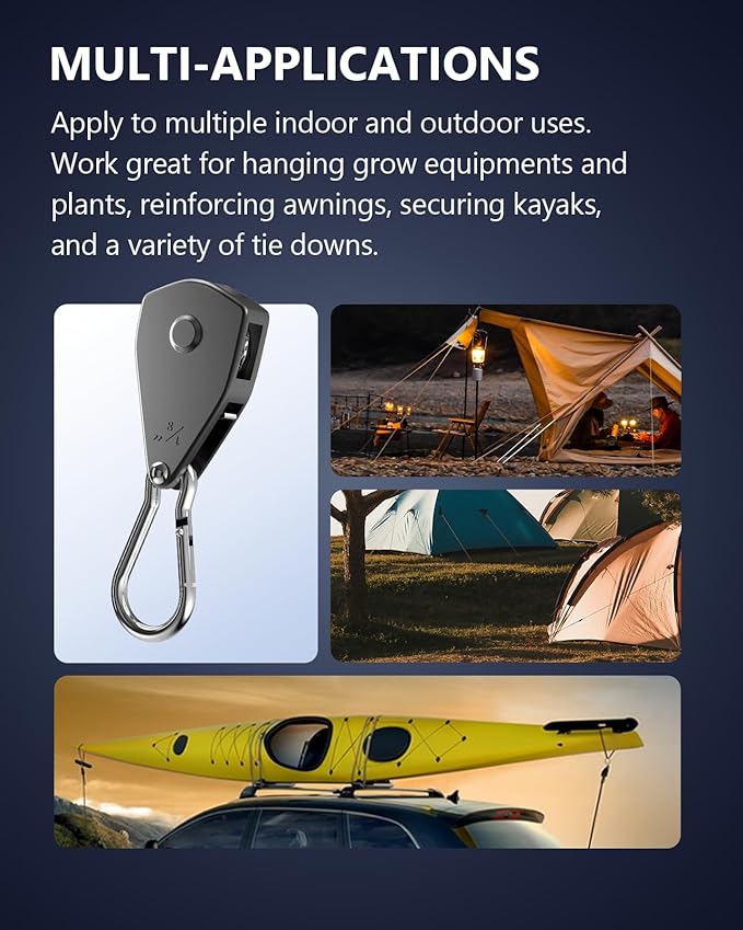 VIPARSPECTRA Retractable Heavy Duty Ratchet Tie Down Straps [4 Pack, 8ft, 75lbs/Pack], Rope Pulley System Rollers with Carabiner Hook for Kayak/Hanging Plants/Grow Light/Tents Various Tie-Down Uses