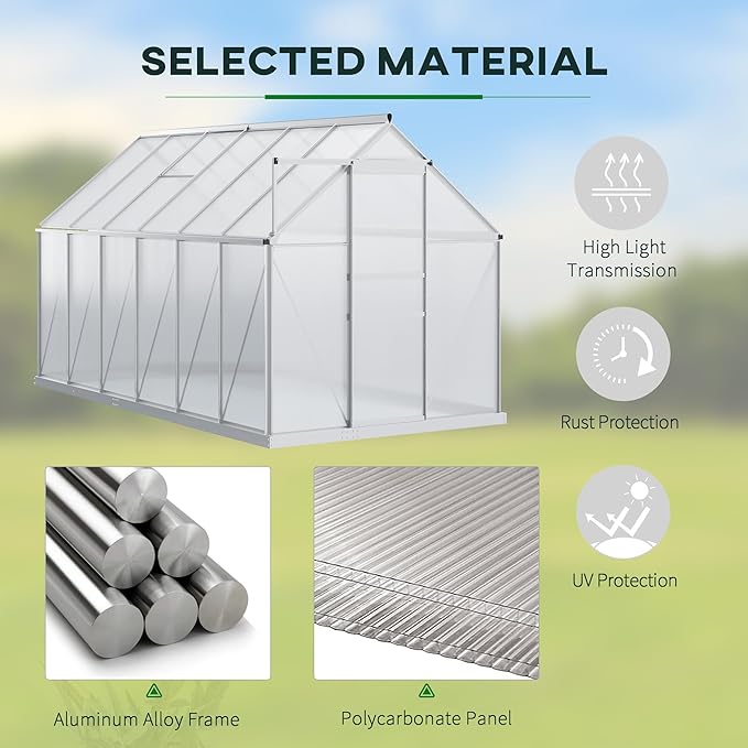 Outsunny 12' x 6' x 6.5' Polycarbonate Greenhouse with Aluminum Frame, Walk-in Heavy Duty Greenhouse with Adjustable Roof Vent, Rain Gutter and Sliding Door for Winter, Silver