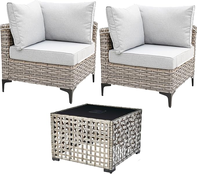HOOOWOOO 3 Pieces Outdoor Patio Sectional Sets with 2 Single Arm End Corner Chairs and an LED Table,Light Gray