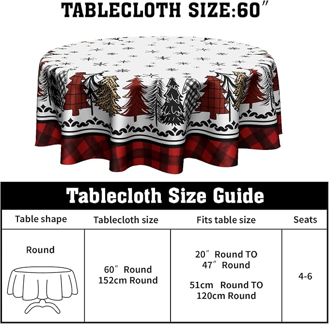 Christmas Round Tablecloth 60 Inch,Rustic Snow Xmas Pine Trees Buffalo Plaid Farmhouse Reusable Wipable Table Cover for Kitchen Party Picnic Dinner Winter Holiday Table Decor