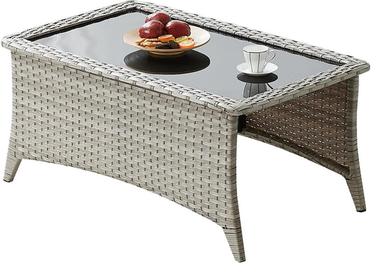 Patio Tables Wicker Coffee Table - Outdoor Rattan Coffee Tables with Glass Top for Patio Proch Deck Balcony Rectangle Light Grey