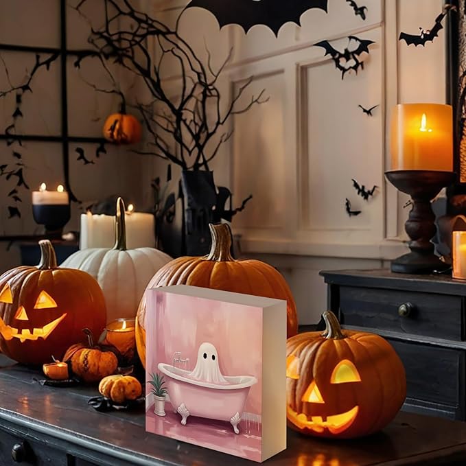 Mtrgdn Cute Halloween Decor,Halloween Decorations Indoor,Pink Ghost Bathroom Decor Wooden Box Sign,Halloween Home Office Kitchen Bathroom Bedroom Desk Table Shelf Wall Decorations,5x5 Inch