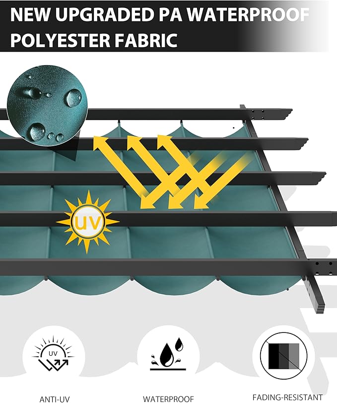 10x13 Ft Outdoor Aluminum Pergola, Upgraded Grey Retractable Pergola with Adjustable Roof & Side Mesh Screen, Modern Metal Patio Gazebo for Deck, Backyard, Porch, Vineyards, Blue + White