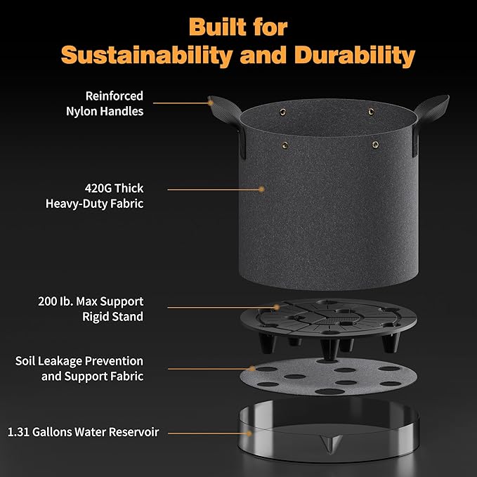 Self-Watering Grow Bags, 5-Pack 10 Gallon 420G Thick Nonwoven Fabric Pots with Reinforced Handles and Multi-Purpose Rings, for Low Stress Plant Training Fruits, Vegetables,and Flowers