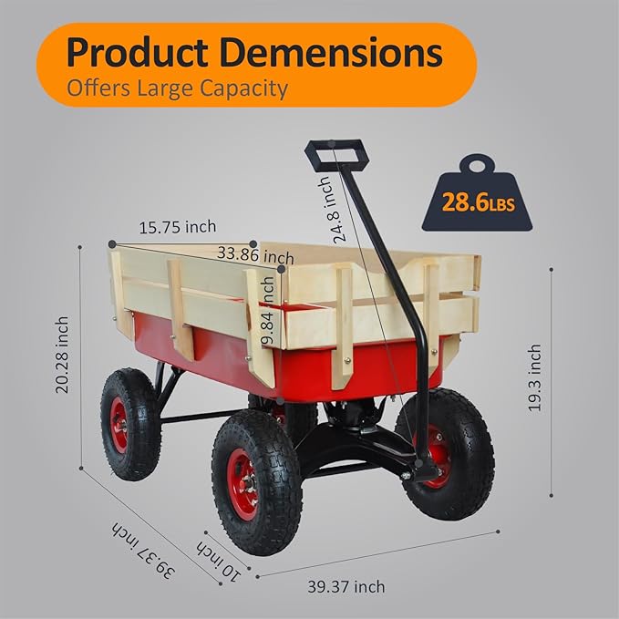 176 lb Kids Wagon Cart, 85L Large Capacity Durable Outdoor Tool Cart, Heavy Duty Cargo Wagon, Steel and Wooden Side with 10 Inch Inflatable Wheels, for Kids, Toys, Sport, Shopping (Red)