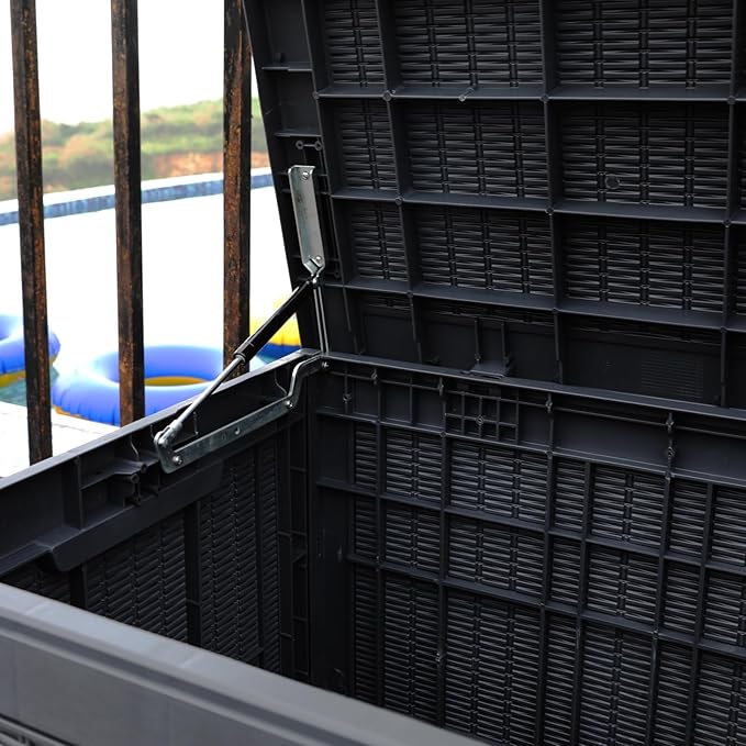 Modern-Depo 100 Gallon Deck Box Waterproof Outdoor Storage Bench Polypropylene PP Garden Tools Pool Towel Storage Bin Porch Delivery Box, Black