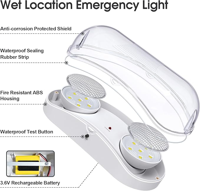 Outdoor Emergency Light with Battery Backup, Exterior Emergency Exit Lights Hardwired, Wet Location LED Egress Lights, Waterproof Commercial Emergency Lighting Fixture, 120-347V, UL Listed(2 Pack)