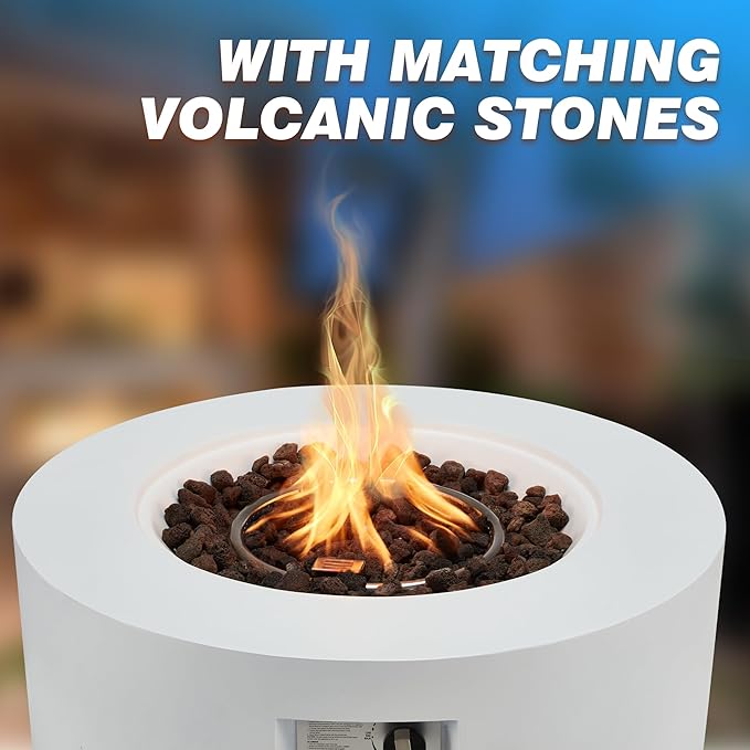 ECOTOUGE Round Gas Fire Pit, 30 Inch Outdoor Propane Firepit Table, Steel Fire Table w/50,000 BTU Auto-Ignition, Weather-Resistant Pit Cover, Lava Rocks, No Tank Holder, White