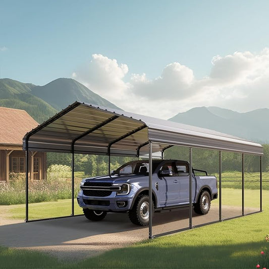 MFSTUDIO Carport 12x20 ft, Outdoor Heavy Duty Metal Shed Carports, Metal Garage Car Shelter Shade Car Port with Galvanized Roof, Frame and Bolts for Cars, Truck and Boats