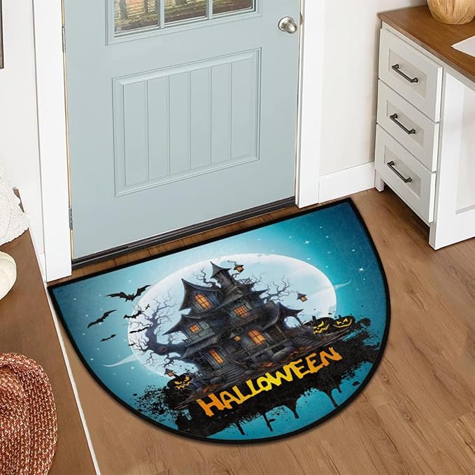 Halloween Half Round Door Mat, Halloween Bat Castle Moon Semicircle Door Mats, Non Slip Area Rug Soft Doormat for Indoor Entrance Wear Resistant Welcome Mat for Garage Patio Home Decor 24 x 36 In