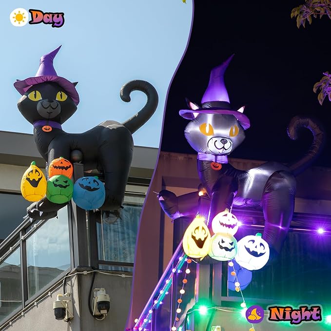 6FT Halloween Inflatable Black Cat with Witch Hat and 4 Colorful Pumpkins, Cute Blow Up Yard Decoration with LED Lights for Lawn, Garden, Balcony, Outdoor Holiday Party Events