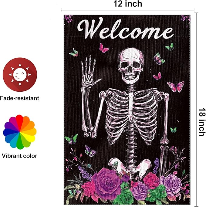 Halloween Garden Flag 12 x 18 Inch Double Sided Skeleton Rose Butterfly Designs Welcome Fall Autumn Burlap Yard Flag for Outside Rustic Yard Outdoor Holiday Home Decoration