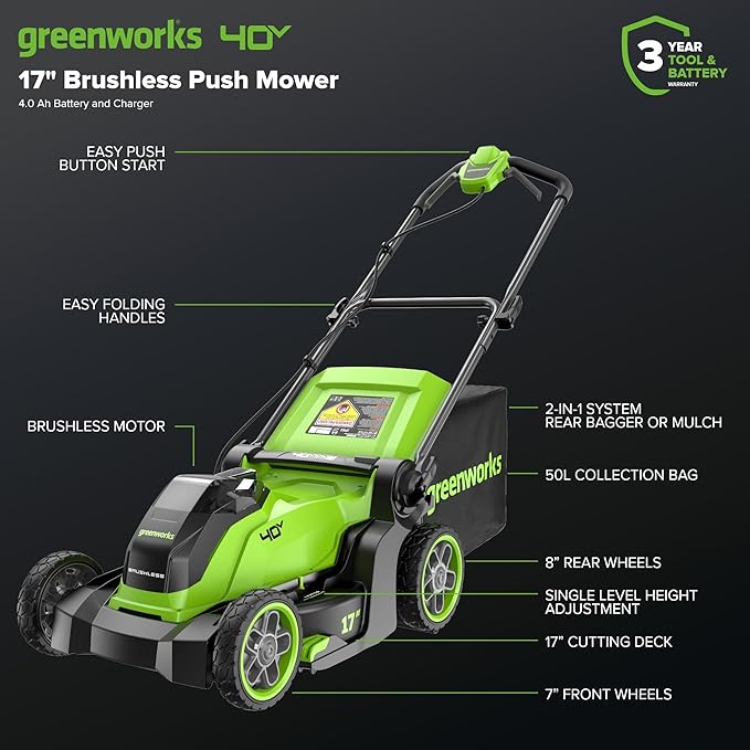 Greenworks 40V 17” Brushless (Push) Cordless Lawn Mower, 4.0Ah Battery and Charger