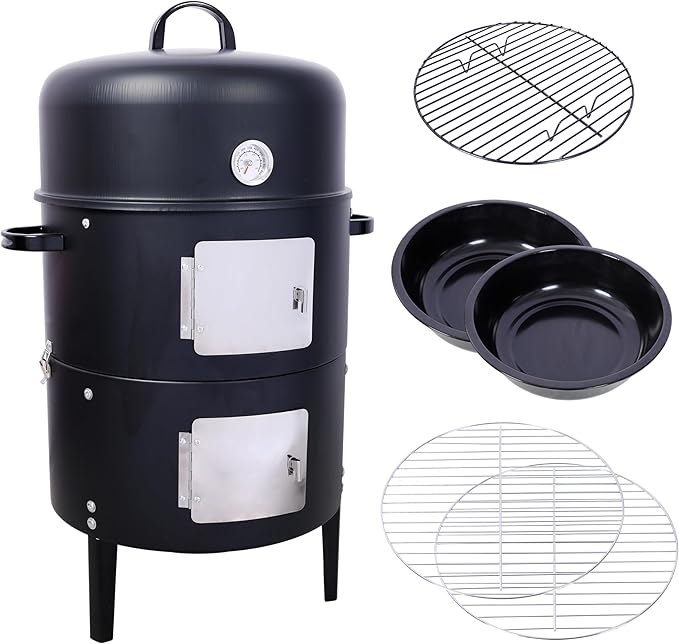BBQ Charcoal Smoker for Meat 17 Inch BBQ Charcoal Grills Vertical Barbecue Smokers Grill Combo for Outdoor Cooking Patio Backyard Picnic Party
