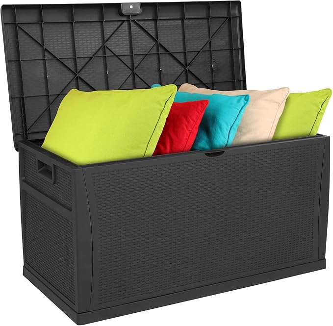 VINGLI Upgraded 120 Gallon Outdoor Storage Box, Lockable Plastic Storage Containers with Lid, Rattan Grain Surface Deck Box Patio Furniture for Garden, Pool, Balcony, Yard (Black)