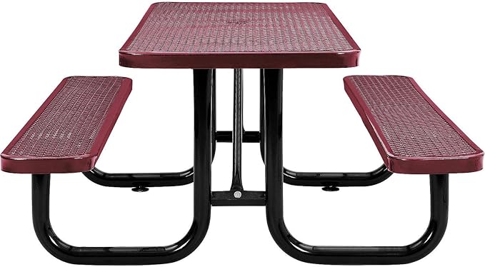 Global Industrial 6’L Rectangular Picnic Table, Expanded Metal, Red Thermoplastic Coating, Attached Benches, 1-1/2” Umbrella Pole Hole, Outdoor-Rated, 1000 lb Capacity, 72” x 30” Tabletop