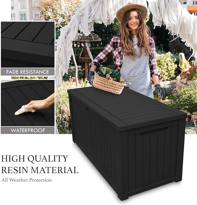 AJP Distributors 180 Gallon Outdoor Storage Box, Rain Waterproof Resin Deck Box, Lockable Large Storage Container for Patio Furniture, Cushions, Garden Tools, Sports Equipment and Pool Supplies Black