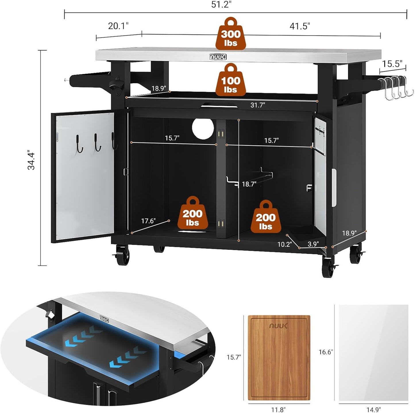 NUUK Outdoor Grill Cart with Storage Cabinet Metal Kitchen Island Prep Table with Movable Universal Wheels and Stainless Steel Top for Outside BBQ Backyard Include Hooks Spice Rack