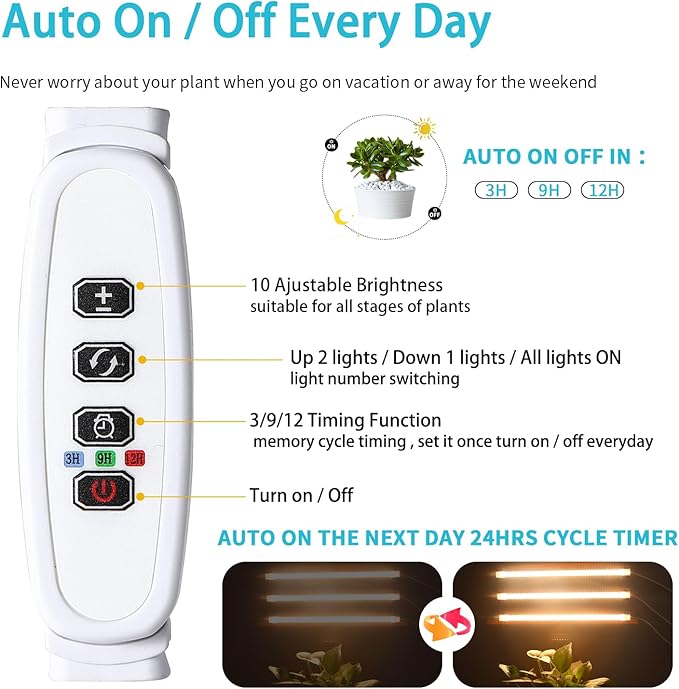 3 Head LED Grow Light Strips for Indoor Plants Full Spectrum 3500K, 144 LEDs Plant Light Bar with 3/9/12H Timer, 10 Dimmable Levels for Seedling Succulent, 13 Inches