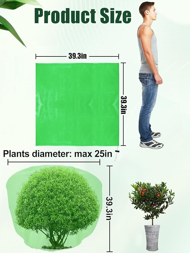 ANPHSIN 3 pcs Plant Covers Freeze Protection, 39.3in x 39.3in Shrub Tree Plant Protection with Drawstring, Frost Cloth Wraps Blanket Freeze Bags for Winter Outdoor Garden Potted Plants Green
