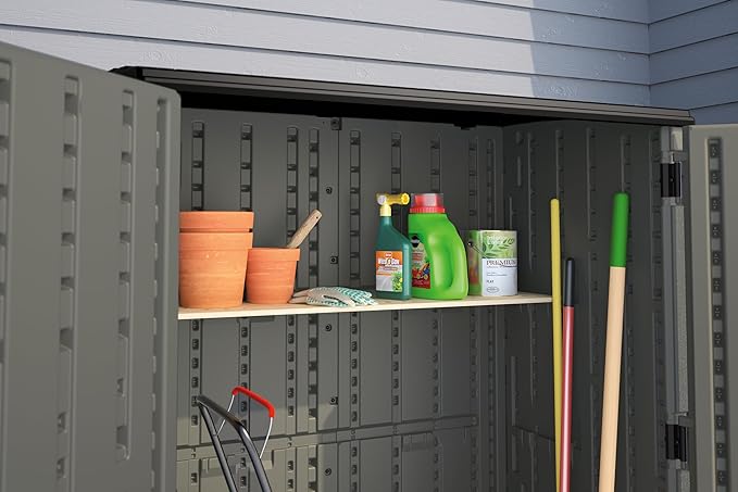 Suncast 54 Cubic Ft. Vertical Resin Outdoor Storage Shed with Lockable Double Doors, Weather-Resistant Multi-Wall Panels, Customizable Shelving, Stoney, Made in the USA