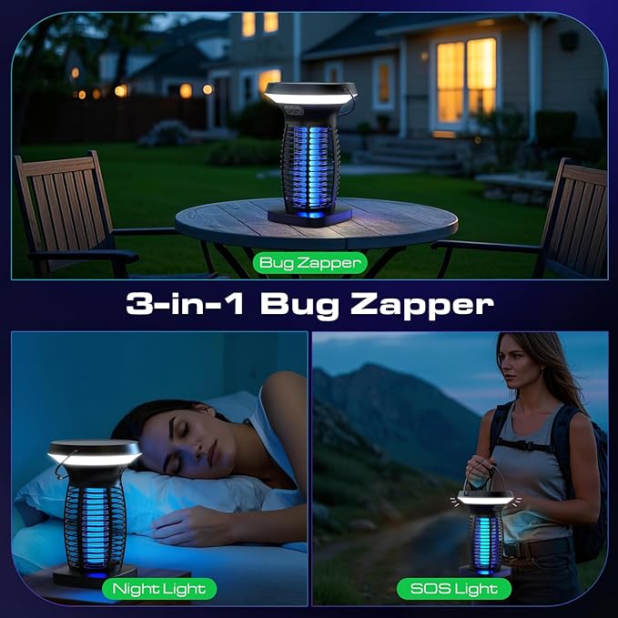 Solar Bug Zapper Outdoor, Mosquito Zapper Outdoor Waterproof Electric Fly Zapper Rechargeable Mosquito Killer with Solar Panel, 4200V Fly Trap Indoor for Home Backyard, Patio, Garden, Camping