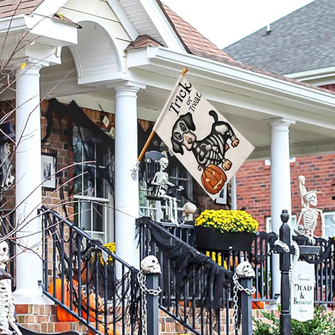 Halloween Trick or Treat House Flag Ghost Dog 28x40 Inch Large Double Sided Burlap Welcome Yard Dachshund Skeleton Outside Decorations DF342-28