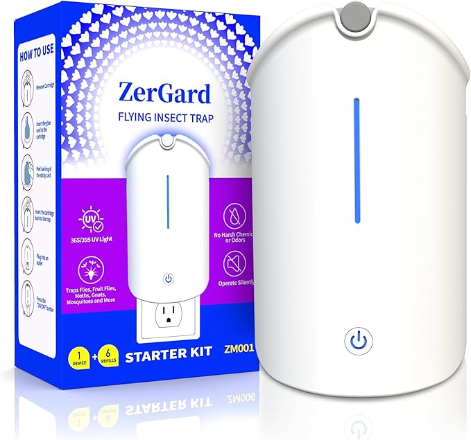 Flying Insect Trap, ZerGard Indoor Plug in Bug Catcher with UV Light (1 Device+6 Refills) Captures Mosquito Gnat Moth Fruit Flies for Kitchen, Living Room, Bedroom,ZM001