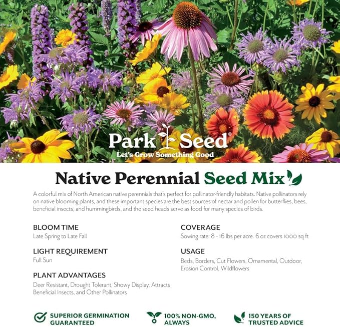Park Seed Grow Your Own Vibrant Perennial Wildflower Garden Seeds Mixture, Easy to Grow Varieties for Pollinators and Spring Gardens - Native Perennial Mix, 50 lbs