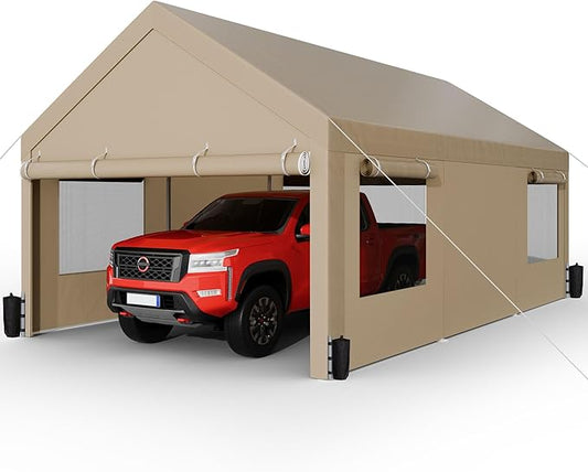 Shintenchi Carport 12' x 20' Heavy Duty Portable Garage, Car Port Canopy with Side-Opening Removable Door & Roll-Up Windows, Car Canopy for Truck,Car,Boat,Motorcycle,Khaki
