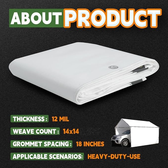 RAINDEWAY 12 Mil Heavy Duty White Tarp 6x10 Feet (2 Pack), UV Resistant, Waterproof, Weatherproof Poly Tarp with Metal Grommets and Reinforced Edges