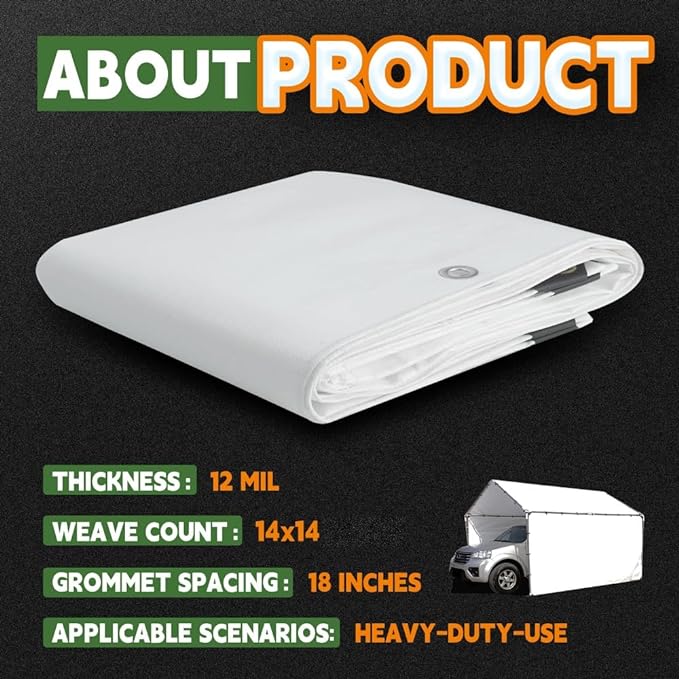 RAINDEWAY 12 Mil Heavy Duty White Tarp 10x12 Feet, UV Resistant, Waterproof, Weatherproof Poly Tarp with Metal Grommets and Reinforced Edges