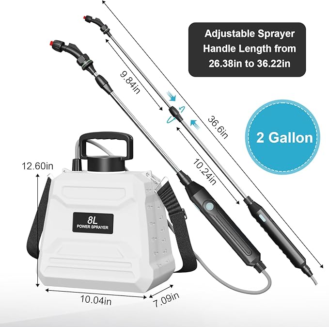 Battery Powered Sprayer 2 Gallon, 7.4V Powerful Electric Sprayer with 4 Nozzles, Rechargeable Handle with 36.22'' Retractable Wand, Adjustable Shoulder Strap, Weed Sprayers in Lawn Garden Yard (Beige)