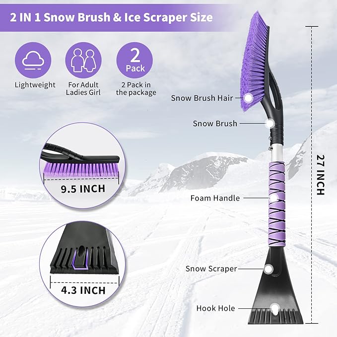 27" Snow Brush and Ice Scrapers for Car Windshield 2 Pack |Scratch-Free Bristle Head PVC Snow Brush & Foam Grip Window Snow Scraper Snow Removal Tool with Aluminum Body for Truck, SUV,Purple