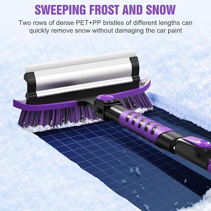 Nuovoware 60" Ice Scraper and Extendable Snow Brush for Car Windshield, 5 in 1 Adjustable Snow Removal Tools with 270° Pivoting Brush Head for Car Auto Truck SUV, Purple
