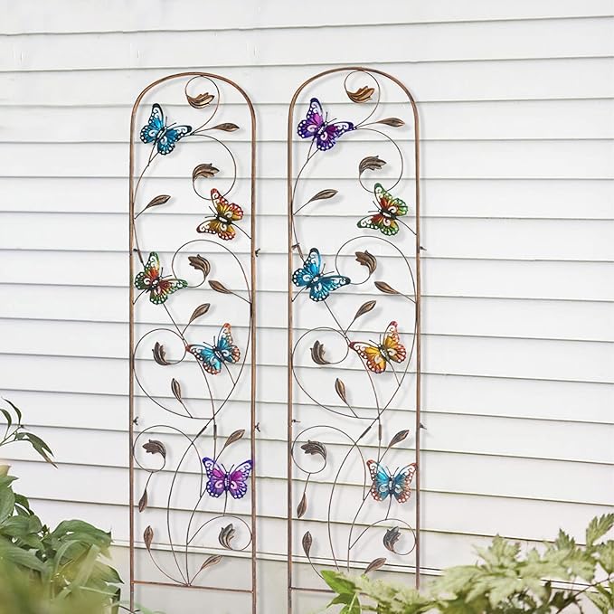 LEWIS&WAYNE 2 Pack Metal Garden Trellis with Colorful Butterfly 60 Inch High Outdoor Decoration Arched Fence Trellis for Climbing Plants for Patio, Lawn, Yard, Backyard, Wall Brackets