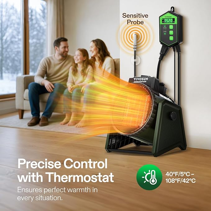 VIVOSUN Portable Greenhouse Heater with Adjustable Thermostat, 750W/1500W Electric Heater, 3 Modes for Fast Heating, Overheat Protection, Dustproof Design for Grow Tents, Patios & Outdoors